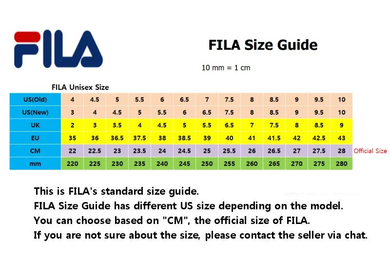 Fila cheap size guide