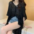 Somi RTW V-neck Side Drawstring Hollow Out Crochet Cover Up Oversize Knitted Beach Top M1328. 