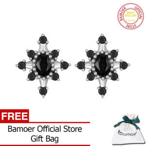 BAMOER ต่างหูเงินแท้925สีดำ Zircon Star สำหรับผู้หญิง Fashion Ear Studs Jewelry Gift SCE1521
