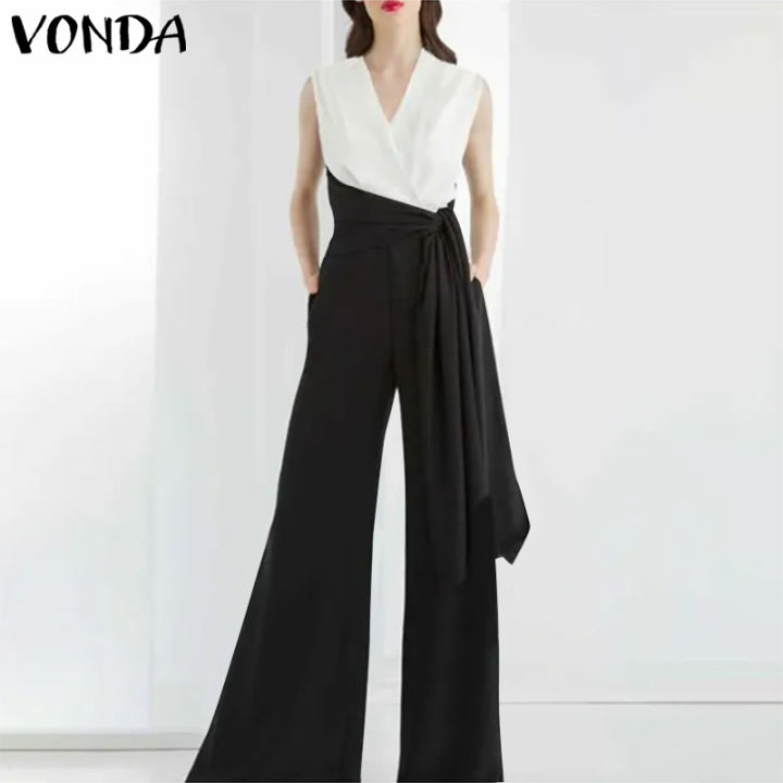 VONDA Women Short Sleeve Elegant Party Wide Leg Jumpsuits Vintage