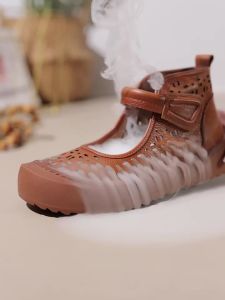 New Summer Womens Natural Leather Boots Designer Cut-out High Shoes Breathable Ankle Boots for Women Hollow Strap Ankle Boots for Women