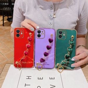 For Xiaomi Redmi Note 7 Redmi Note 8 Pro Redmi Note 9 Pro Max Redmi Note 10 Pro Max Note 11 Pro Redmi 8A Redmi 9A 9C 9S Redmi 10C 10A Fashion 6D Love Heart Metal Bracelet Wrist Chain Electroplated Phone Case Soft Silicone Back Cover