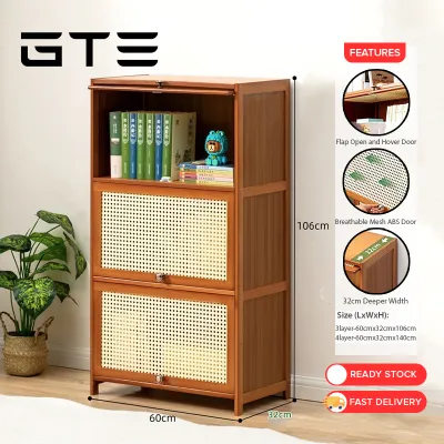 GTE Multilayer Bookshelf Organizer Household Storage Rack Flip Door Display Cabinet Rattan Weaving Door Home Living Rak Simpanan Buku Berlapis - Fulfilled by GTE SHOP