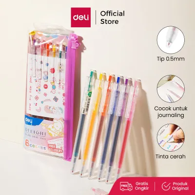 Deli School Gel Pen / Pulpen Gel 0.5 mm 6 Warna Retracable Gratis Sticker Lucu EG118-6C