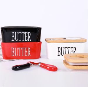 Butter Box Sealing With Wood Lid Knife Food Dish Ceramic Keeper Tool Cheese Storage Tray Plate Container For Kitchen