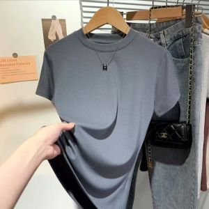 【Ship in 24H】Round-neck ribbed short-sleeved T-shirt for women 2025 summer new style pure color stretchy base layer elegant top extra large size圆领螺纹短袖T恤女2025年夏季新款纯色弹力打底衫气质上衣大码