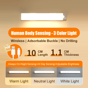 3 Color Lighting Motion Sensor Wireless Led Night Light Usb Rechargeable Magnetic Suction Lamp Smart For Cabinet Kitchen