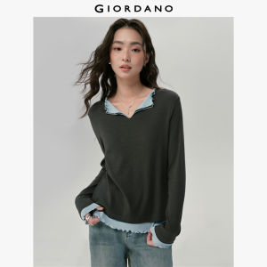 Giordano Women Fake 2-piece v-neck collar long sleeve knit tee Free Shipping 18325518