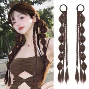 YAOO 2pcs Ponytail Extension Bubble Braid Wig Double Ponytail Hairpiece Sweet Twisted Pigtails Korean Style Natural Lantern Braided Ponytails for Women