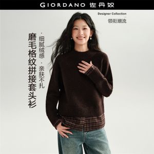 GIORDANO Women Sweaters Fake Two-Piece Layered Plaid Sweaters Raglan Sleeve Fashionable Casual Relaxed Sweaters 18356524