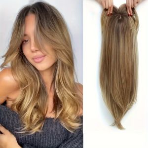 OMQAIO Thẳng Lớp tóc Topper với mái Kẹp vào Ombre Kẹp tóc tự nhiên Không đường may 22 inch Kẹp Tóc tổng hợp Dành cho Nữ