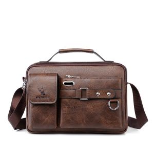 WEIXIER Fashion Mens Shoulder Bag Portable PU Leather Handbag Business Briefcase Travel Man Crossbody Bag
