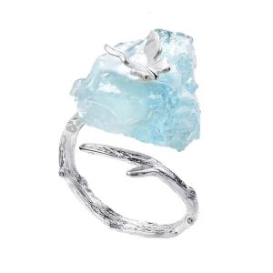 Aquamarine Butterfly Ring Adjustable Size Big Gemstones Ring Natural Stone Accessory for Special Occasions