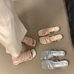 Block Heel French Slippers Womens Shoes New Summer Wear Fairy Style Fashion Temperament Evening Slippers