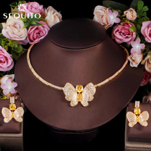 SEQUITO Brilliant Citrine Statement Butterfly Pendant Choker Necklace Earrings Micro CZ Temperament Luxury Jewelry Set SJ187