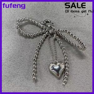 fufeng Temperament Sweet Bowknot Heart Pendant Keychain Fashion Beaded Phone Charm Bow Phone Lanyard Bag Decoration Accessories Gifts