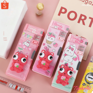 Hộp bút giảm stress gấu dâu mắt lồi 2 ngăn kèm chuốt viết chì siêu xinh mẫu mã dễ thương cho bé học vui