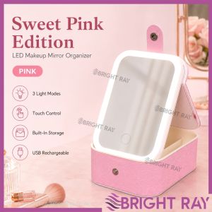 LED Makeup Mirror Organizer Cermin Solek Kotak Simpanan Cosmetic Box with 3-Color Adjustable Portable Travel Makeup Mirror Pouch