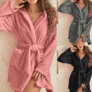 Womens Hooded Fleece RobeThick Warm Plush BathrobeFuzzy House Coat Furs Fleece Short Robe Sleepwear with Belted