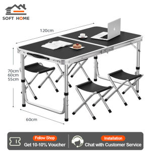 SOFTHOME Foldable Table Set Outdoor Folding Table with 4 Chairs Height-Adjustable Camping Table Portable