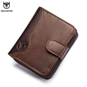 Bullcaptain Leather Wallet ผู้ชายชั้นแรก cowhide มัลติฟังก์ชั่ตำแหน่งบัตรหลายกระเป๋าแฟชั่นซิป RFID สบายๆ