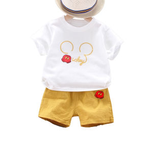 Pakaian anak-anak pakaian anak usia 0-4 tahun Kaos leher bulat motif kartun simpel lengan pendek celana pendek katun warna solid Kartun lucu musim panas set dua potong baru