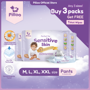 Pilloo Baby Diaper Pants [3 Packs Pants] + [1 Baby Wipes] | Egypt Calendula Extract Ultra-Soft Dry-Fitt 3D Pearl Design | M-XXL | M40L38XL36XXL34