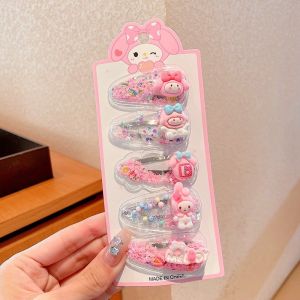 5Pcs Sanrio Kuromi Girls Hairpins Kawaii Cinnamoroll Baby Hairclip Melody Princess Flowing Sand Hair Barrette Sanrio Accessories