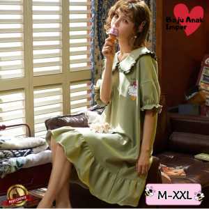Daster Wanita Remaja Import Kerah Hijau lengan Pendek Rok Wanita Bahan Katun Baju Harian