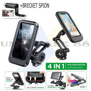 Phone Holder Motor Stang HM18 Waterproof Universal 4in1 Free Brecket Spion Tempat Dudukan Hp Di Stang Sepada Anti Air Stand Handphone