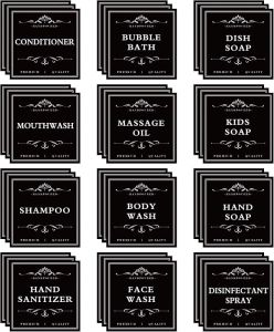 36 PCS Printed Waterproof Labels for Shampoo and Conditioner BottlesBathroom Soap Dispenser Organization Label Stickers Black