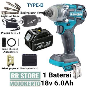 IMPACT WRENCH KAMOLEE 520NM TYPE - B + 1/2 BATERAI 18V 6.0Ah + CHUCK KEYLESS SET 13MM