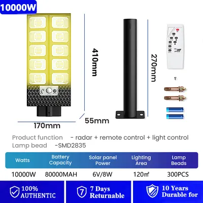 15000W Solar Outdoor Light With 3 Modes Super Bright IP67 Waterproof Solar Street Light With Remote Control+Motion Sensor Suitable For YardParkGarden