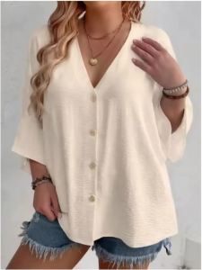 Plus-size Womens T-shirt Solid Color Breathable Spring/summer V-neck Button Travel Casual Wear with European and American Style2026