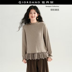 GIORDANO Women T-Shirts Lettuce Trim Spliced Lace Hem Knit Tee Mock Neck Long Sleeve Fashionable Casual T-Shirts 18326319