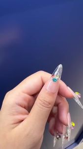 100% HANDMADE Artificial Nail Long Teardrop Shape Summer dopamine colored Nails glittering diamond Nails Phototpy Press on Nails Reusable and Removable Nails with Toolkit