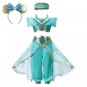 Christmas gifts Disney Girl Princess Jasmine Costume Dress Birthday Party Carnival Cosplay Aladdin Agic Lamp Vestidos Halloween Clothing Set