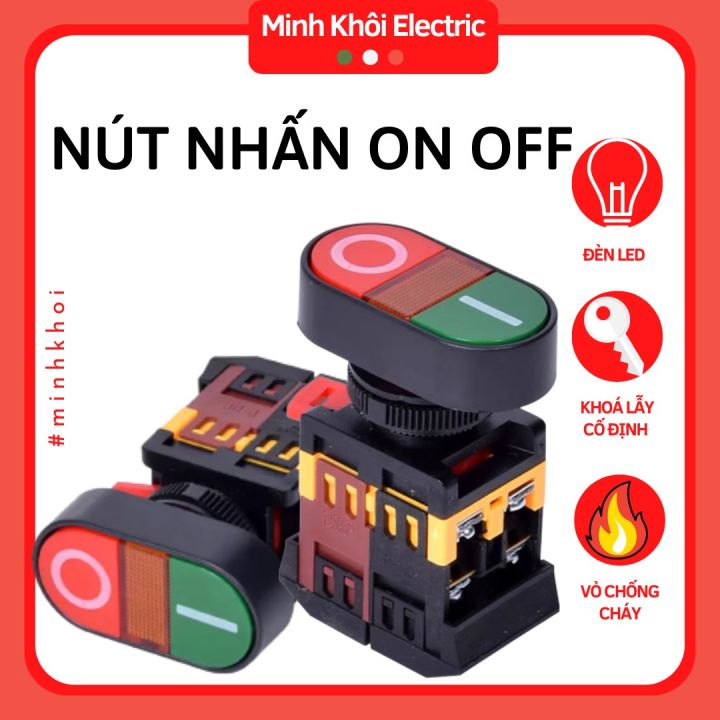 nút nhấn on off phi 22 có đèn, công tắc nhấn đôi 220VAC, nút nhấn đôi ...