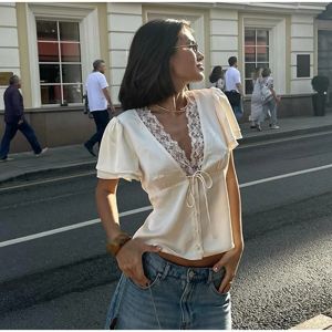 Solid Lace Splicing T-shirt 2026 Summer Female Chic Bow Lace-up V Neck Short Sleeve Shirts Womens Fashion Top Streetwear2026