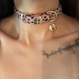 Y2k Sweet Cool Punk Puppy Footprint Tag Leopard Pattern Horse Hair Choker Collar Leather Neck Belt Party Necklace h261016