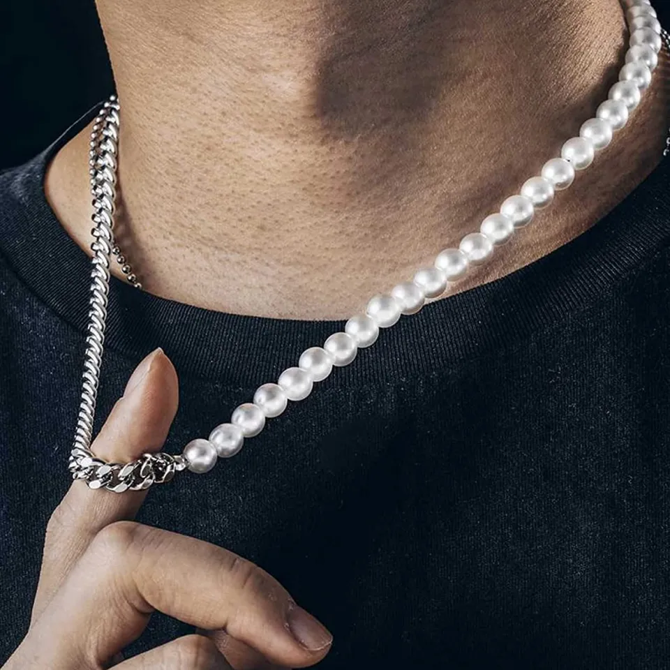 Half Pearl Half Chain Necklace for Men Women Silver/Gold Color