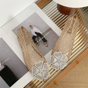 [Free Shipping] Korean Crystal Jelly Shoes With Sparkling Rhinestones And Floral Design Pointed-Toe Sandals For Women Elegant Shallow Sandals For Seaside Vacations Transparent Sandals