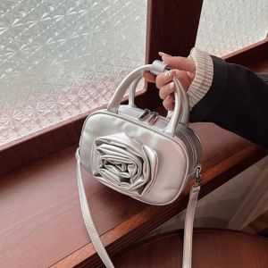 DWT9814 Single Shoulder Rose Flower Bowling Bag PU Leather Solid Color Silver Handbag Fashion Purse PU Crossbody Bag Travel
