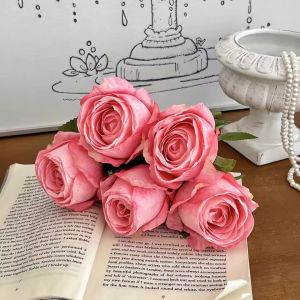 Artificial Roses Flowers Silk Rose Branch Burnt Edge Rose Buds Realistic Fake Rose Bouquet Wedding Home Decor Supplies Valentines Day Bouquet Gifts