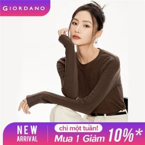 GIORDANO Nữ Áo thun Dralon Vải dệt kim cáp Áo thun cổ tròn dài co giãn ôm dáng thời trang thường ngày đơn giản 18323921