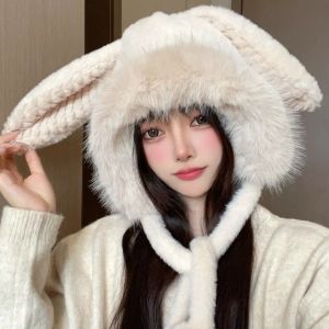 MILDGLOW Cute Big Rabbit Ears Hat Warm Winter Plush Ear Protection Hat Wool Bucket Hat Women