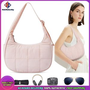 Vodool Quilted Crescent Shoulder Bag with Adjustable Strap Fashion Nylon Handbag Crescent Underarm Shoulder Bag for Women Girls