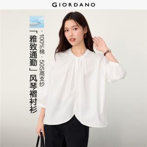 Giordano Beau Monde Women Pleated round neck 3/4 sleeve cotton blouse Free Shipping 13346618