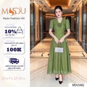 Váy Thiết Kế MDU5482 Tơ Óng Hàn Xanh Lá Dáng Xòe Cổ V Đính Hoa 3D Thanh Thoát