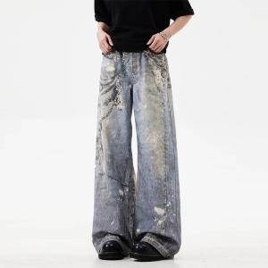 New 3D Chain Printed Baggy Jeans For Men And Women Casual Baggy Straight Denim Pants High Street Wide-leg Y2K Blue Jean
